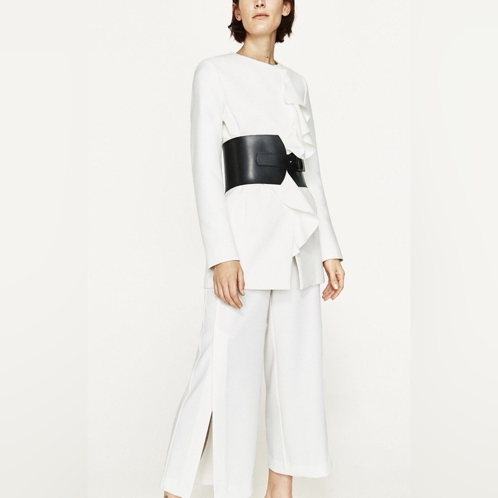 ZARA Off White Ruffle Collarless Blazer Coat Old Money Jacket Holidays Modern XS - Picture 3 of 12